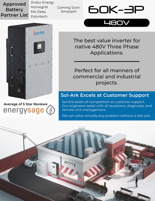 Commercial 240KW Solar Array - 3 Phase 480V Solar Kit + 4x 60K 480V Sol-Ark Inverter + 4x60KW Sol-Ark INDOOR Lithium Battery +242KW Solar with Ground Mount and Wiring