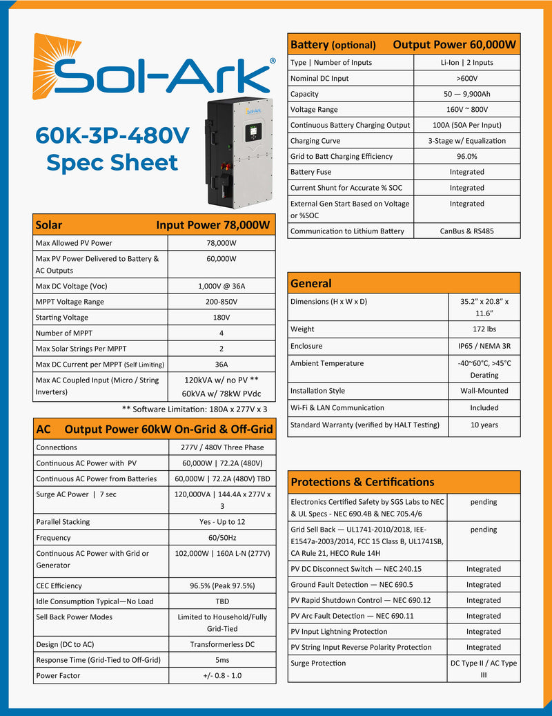 Load image into Gallery viewer, Commercial 120KW Solar Array - 3 Phase 480V Solar Kit + 2x 60K 480V Sol-Ark Inverter + 2x 60KW Sol-Ark OUTDOOR Lithium Battery +121KW Solar with Ground Mount and Wiring
