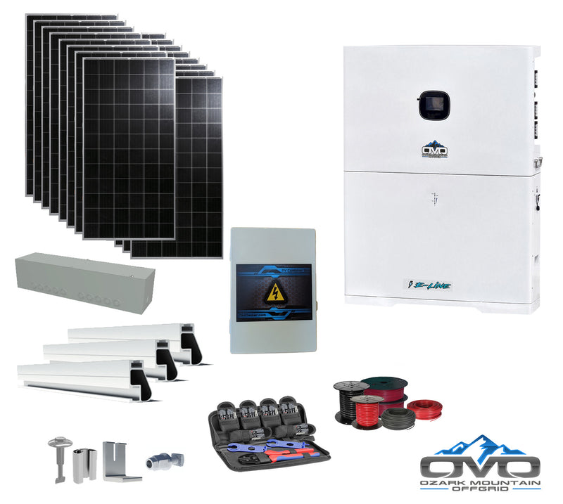 Load image into Gallery viewer, 6.08KW Offgrid Solar Kit - 10K OMO E-Line 120V/240V Inverter + 10.24KW OMO E-Line Lithium Battery + 6080 Watts Solar + Roof Mount and Wiring
