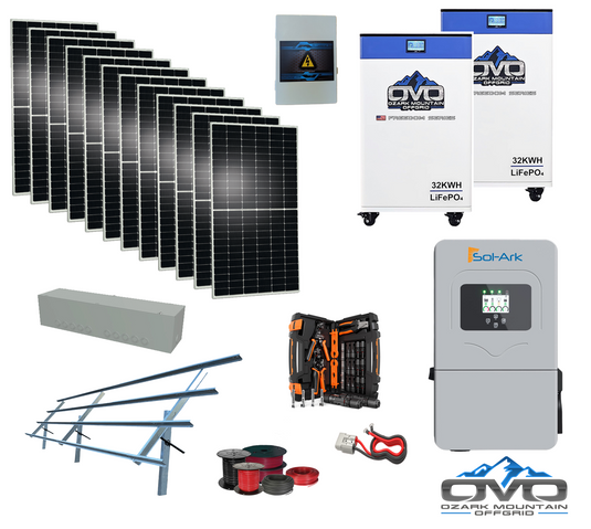 6KW Complete Offgrid Solar Kit - 2x 32kWh OMO 48V Freedom Series Lithium Battery  + 12K Sol-Ark Inverter +6.6KW Solar with Sinclair Ground Mount Rails and Wiring