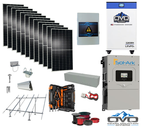 6KW Complete Offgrid Solar Kit - 32kWh OMO 48V Freedom Series Lithium Battery  + 15K Sol-Ark Inverter +6.6KW Solar with Ground Mount Rails and Wiring