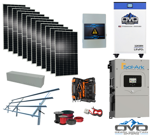 6KW Complete Offgrid Solar Kit - 32kWh OMO 48V Freedom Series Lithium Battery  + 18K Sol-Ark Inverter +6.6KW Solar with Sinclair Ground Mount Rails and Wiring