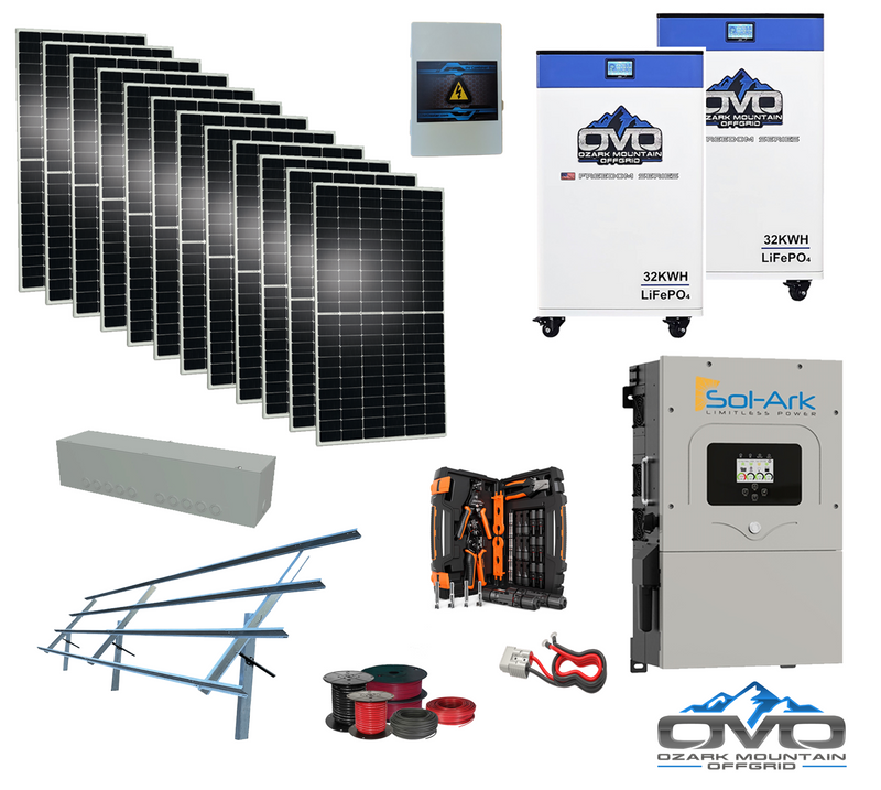Load image into Gallery viewer, 6KW Complete Offgrid Solar Kit - 2x 32kWh OMO 48V Freedom Series Lithium Battery  + 18K Sol-Ark Inverter +6.6KW Solar with Sinclair Ground Mount and Wiring
