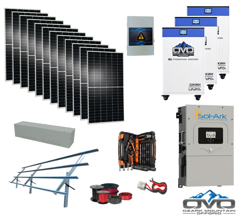 Load image into Gallery viewer, 6KW Complete Offgrid Solar Kit - 3x 32kWh OMO 48V Freedom Series Lithium Battery  + 18K Sol-Ark Inverter +6.6KW Solar with Sinclair Ground Mount and Wiring

