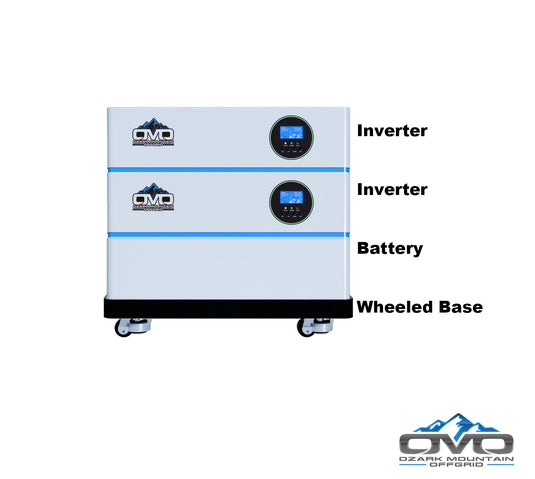 11KW OMO All-In-One Customizable Stacking Inverter/Battery System 120/240 11000W Total Inverter Output + 5.12K Lithium Battery + 11KW Solar Roof Mount