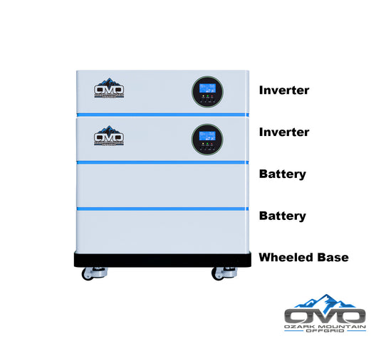 8.8KW OMO All-In-One Customizable Stacking Inverter/Battery System 120/240 11000W Total Inverter Output + 10.24K Lithium Battery + 8.8KW Solar Roof Mount