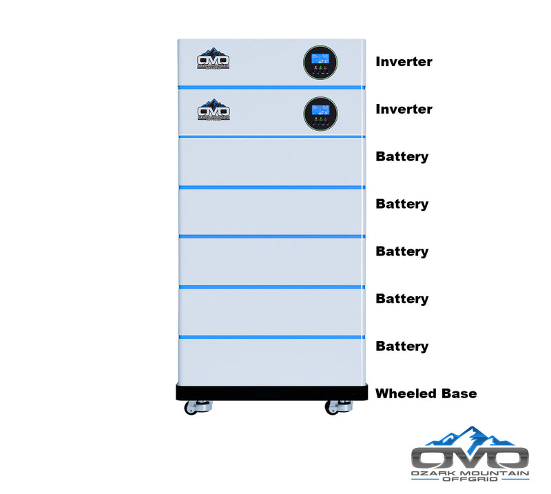 Load image into Gallery viewer, OMO All-In-One Customizable Stacking Inverter/Battery System 120/240 11000W Total Inverter Output + 25.6KW Lithium Battery
