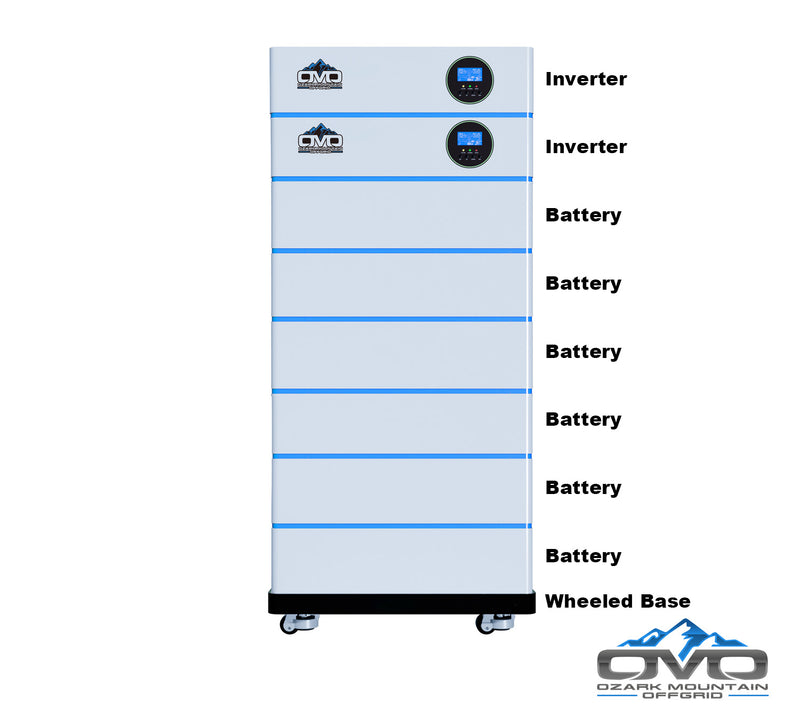 Load image into Gallery viewer, 8.8KW OMO All-In-One Customizable Stacking Inverter/Battery System 120/240 11000W Total Inverter Output + 30.72K Lithium Battery + 8.8KW Solar Roof Mount
