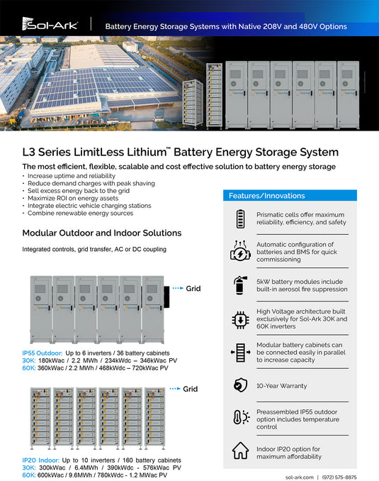 Commercial 30KW Solar Array - 3 Phase 208V Solar Kit + 30K 208V Sol-Ark Inverter + 60KW Sol-Ark OUTDOOR Lithium Battery +29.7KW Solar with Ground Mount and Wiring