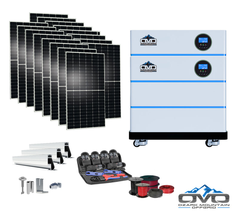 Load image into Gallery viewer, 8.8KW OMO All-In-One Customizable Stacking Inverter/Battery System 120/240 11000W Total Inverter Output + 10.24K Lithium Battery + 8.8KW Solar Roof Mount
