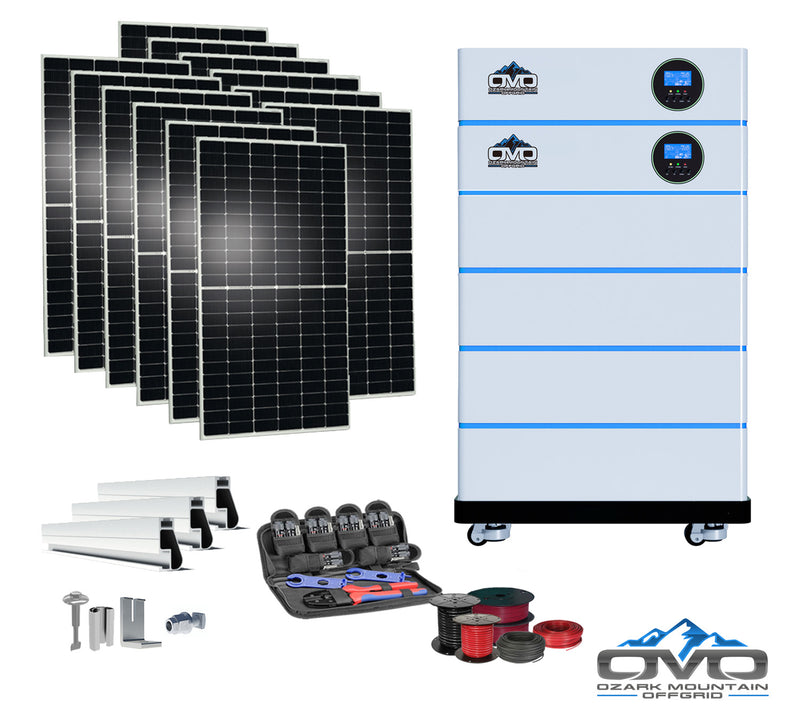 Load image into Gallery viewer, 6.6KW OMO All-In-One Customizable Stacking Inverter/Battery System 120/240 11000W Total Inverter Output + 20.48K Lithium Battery + 6.6KW Solar Roof Mount
