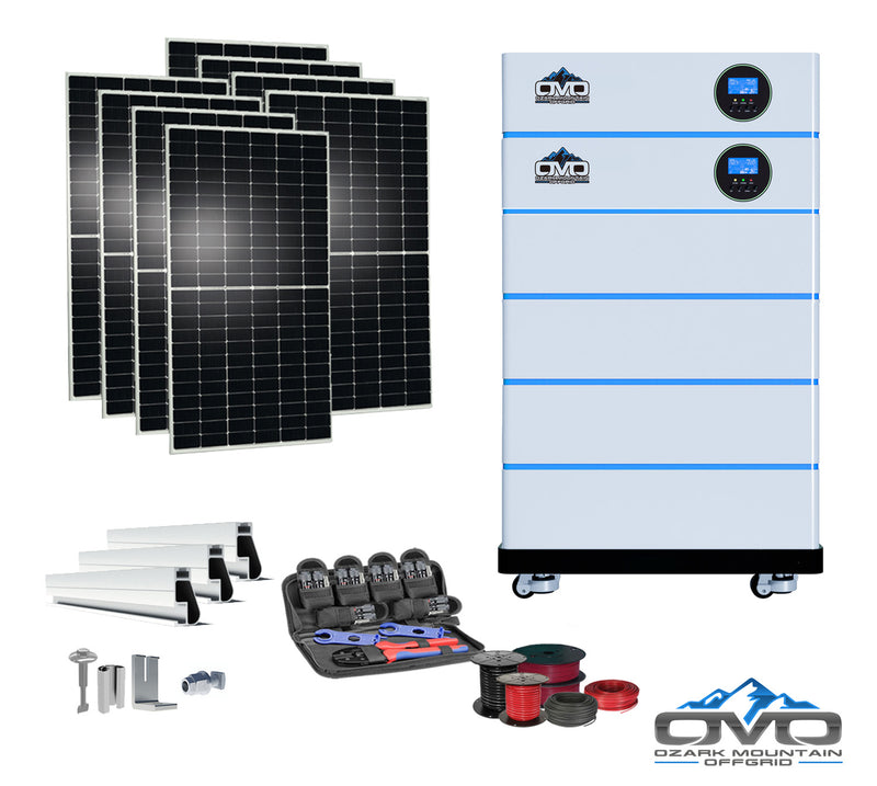 Load image into Gallery viewer, 4.4KW OMO All-In-One Customizable Stacking Inverter/Battery System 120/240 11000W Total Inverter Output + 20.48K Lithium Battery + 4.4KW Solar Roof Mount
