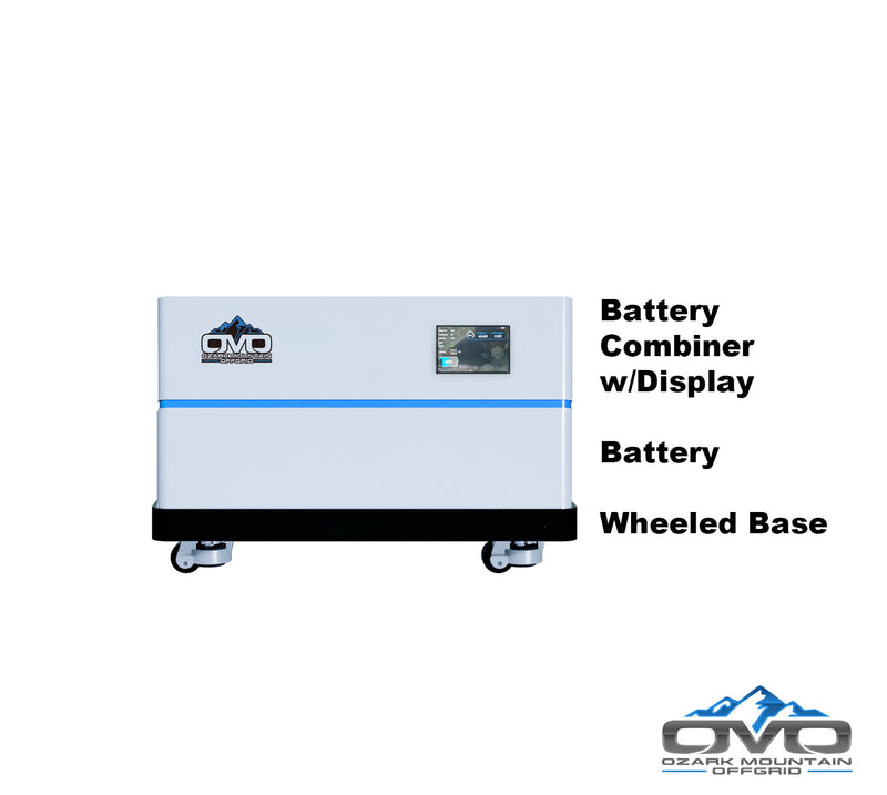 Load image into Gallery viewer, OMO Stackable 51.2V 5.12KW Heated LifePO4 Lithium Battery System - 1x 5.12KW Batteries + LCD Display Combiner + Wheeled Base
