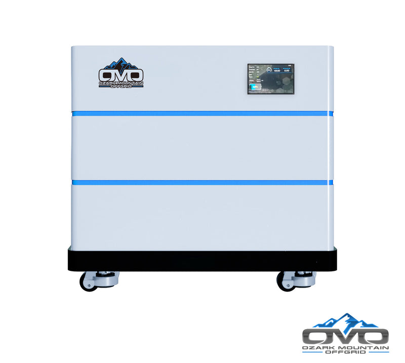 Load image into Gallery viewer, OMO Stackable 51.2V 10.24KW Heated LifePO4 Lithium Battery System - 2x 5.12KW Batteries + LCD Display Combiner + Wheeled Base
