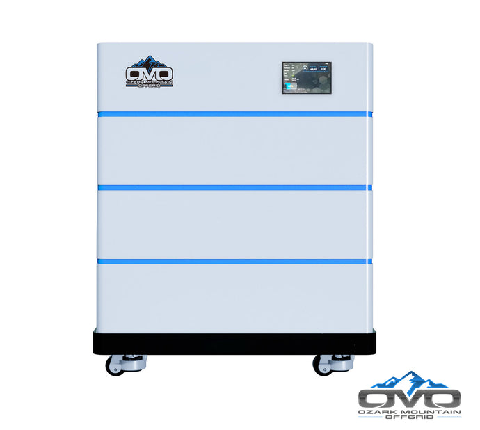 OMO Stackable 51.2V 15.36KW Heated LifePO4 Lithium Battery System - 3x 5.12KW Batteries + LCD Display Combiner + Wheeled Base