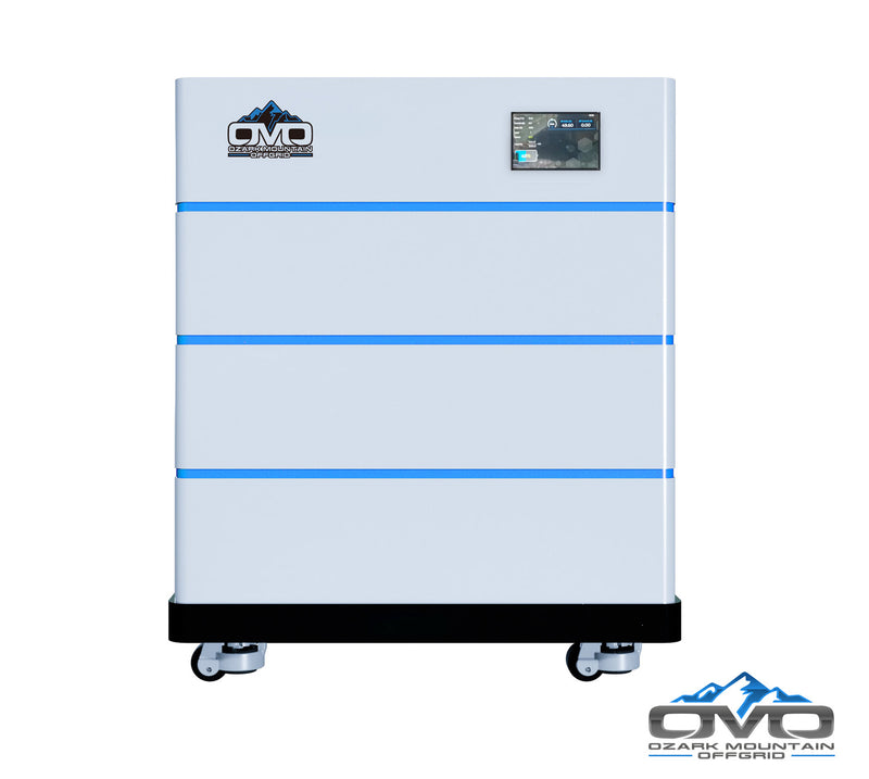 Load image into Gallery viewer, OMO Stackable 51.2V 15.36KW Heated LifePO4 Lithium Battery System - 3x 5.12KW Batteries + LCD Display Combiner + Wheeled Base
