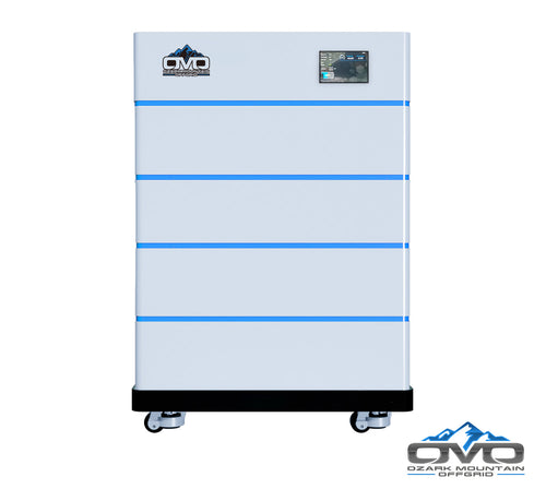 OMO Stackable 51.2V 20.48KW Heated LifePO4 Lithium Battery System - 4x 5.12KW Batteries + LCD Display Combiner + Wheeled Base