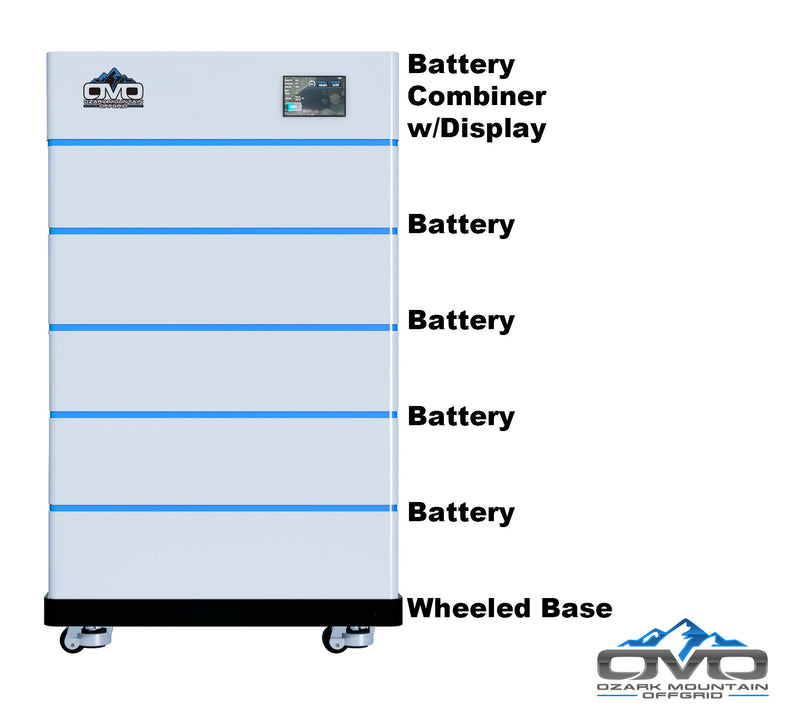 Load image into Gallery viewer, OMO Stackable 51.2V 25.6KW Heated LifePO4 Lithium Battery System - 5x 5.12KW Batteries + LCD Display Combiner + Wheeled Base
