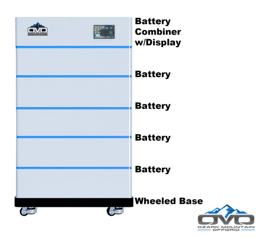 OMO Stackable 51.2V 25.6KW Heated LifePO4 Lithium Battery System - 5x 5.12KW Batteries + LCD Display Combiner + Wheeled Base