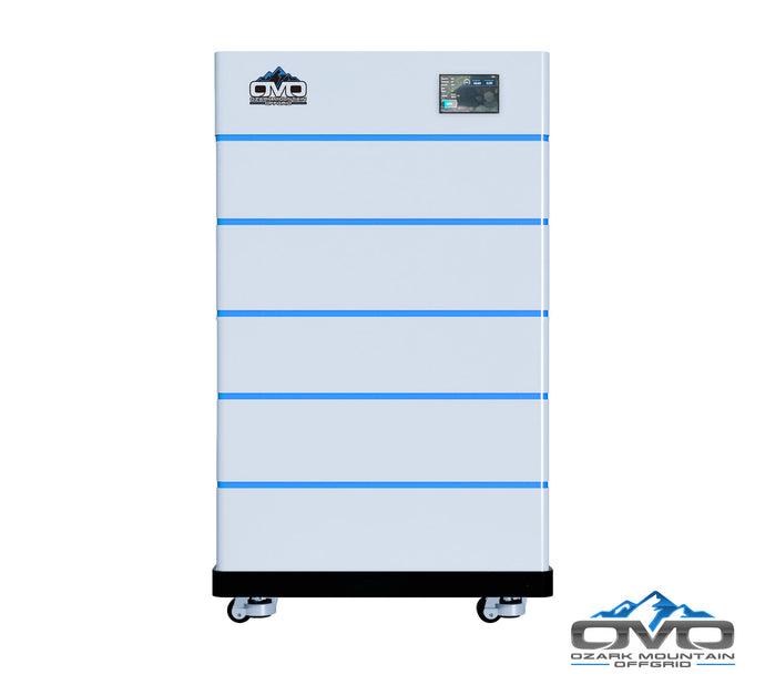 OMO Stackable 51.2V 25.6KW Heated LifePO4 Lithium Battery System - 5x 5.12KW Batteries + LCD Display Combiner + Wheeled Base