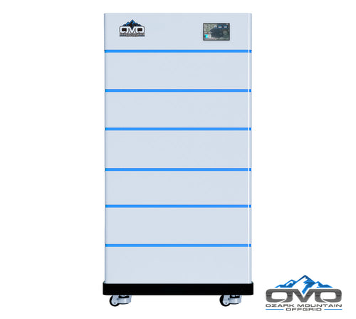 OMO Stackable 51.2V 30.72KW Heated LifePO4 Lithium Battery System - 6x 5.12KW Batteries + LCD Display Combiner + Wheeled Base