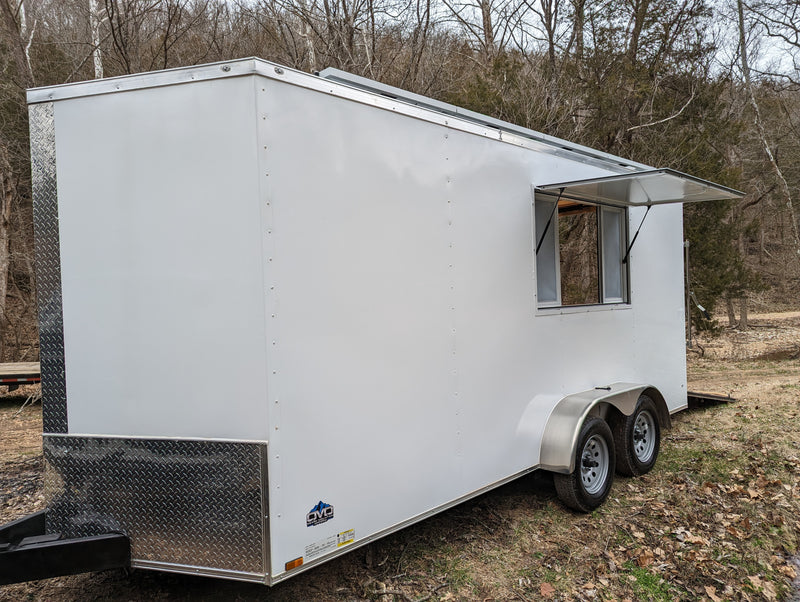 Load image into Gallery viewer, 16&#39; Enclosed SOLAR POWERED Offgrid Self-Sufficient Trailer - Mobile Storefront - Concession Window Expanded Lithium battery bank
