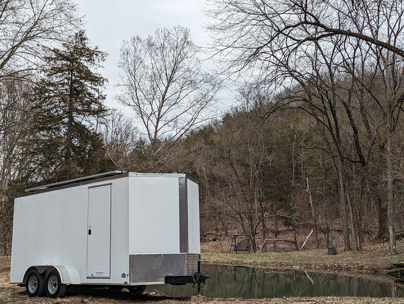 Load image into Gallery viewer, 16&#39; Enclosed SOLAR POWERED Offgrid Self-Sufficient Trailer - Mobile Storefront - Concession Window Expanded Lithium battery bank
