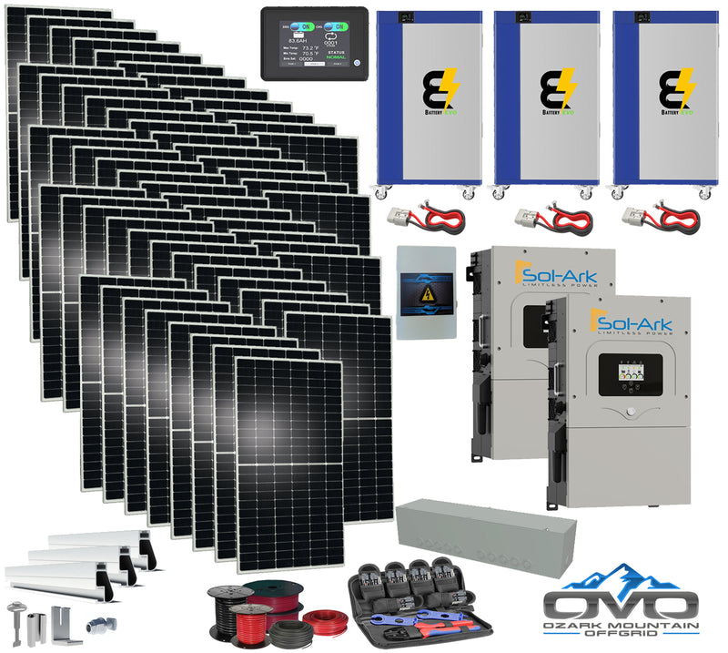 Load image into Gallery viewer, 30KW Complete Offgrid Solar Kit + 2x 15K Sol-Ark Inverter + 57KW Lithium Kong Battery +30KW Solar with Roof Mount and Wiring
