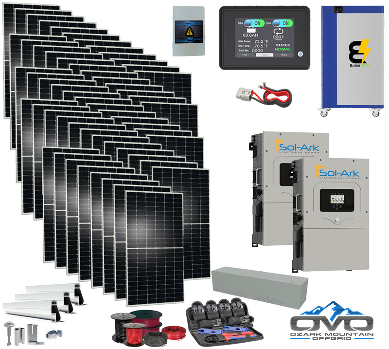 Load image into Gallery viewer, 30KW Complete Offgrid Solar Kit + 2x 15K Sol-Ark Inverter + 19KW Lithium Kong Battery +30KW Solar with Roof Mount and Wiring
