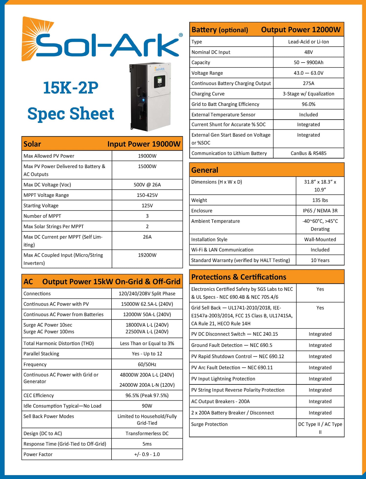 Sol Aek Sol-Ark 15K 120/240V All in ONE Pre-Wired Offgrid / Hybrid Inverter 10 ...