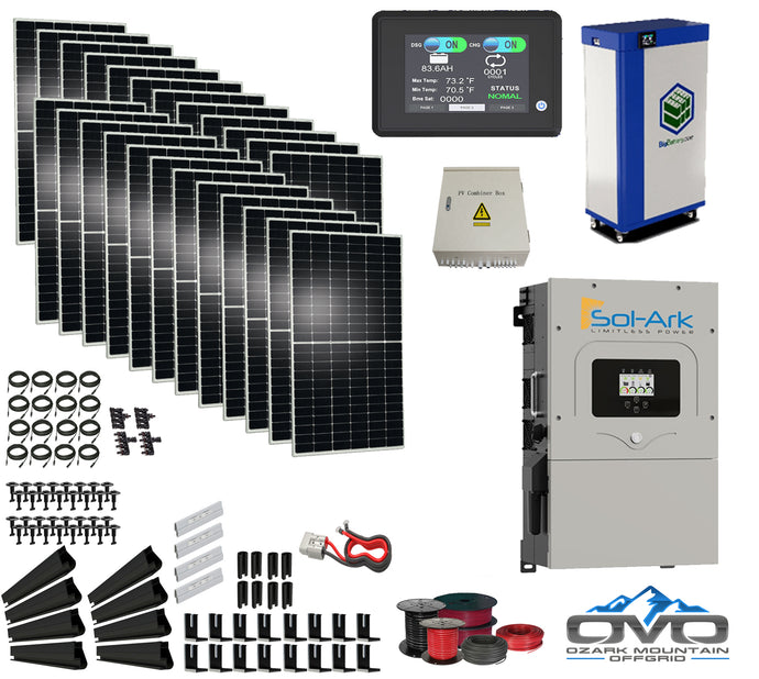12KW Complete Offgrid Solar Kit - 15kWh Lithium Battery + 12K Sol-Ark Inverter +12.96KW Solar with Mounting Rails and Wiring