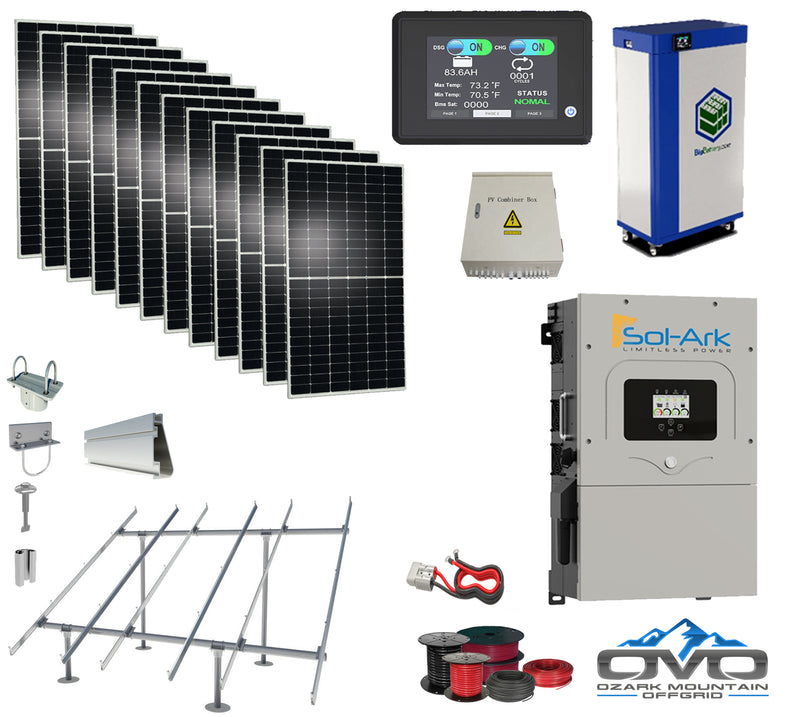 Load image into Gallery viewer, 6KW Complete Offgrid Solar Kit - 15kWh Lithium Battery + 15K Sol-Ark Inverter +6.48KW Solar with Ground Mount Rails and Wiring
