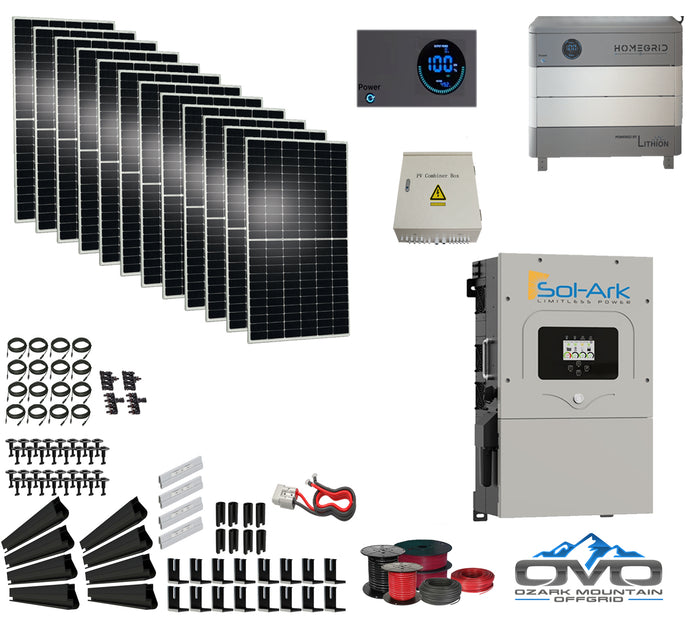 6KW Complete Offgrid Solar Kit - 9.6kWh Lithium Battery + 12K Sol-Ark Inverter +6.48KW Solar with Mounting Rails and Wiring