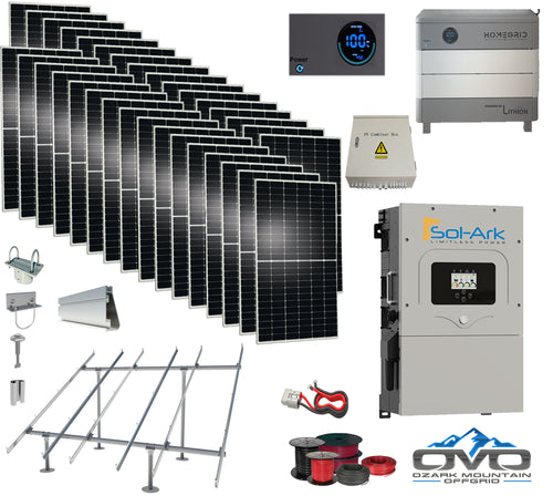17KW Complete Offgrid Solar Kit - Homegrid 9.6kWh Lithium Battery + 15K Sol-Ark Inverter +17KW Solar with Ground Mount and Wiring