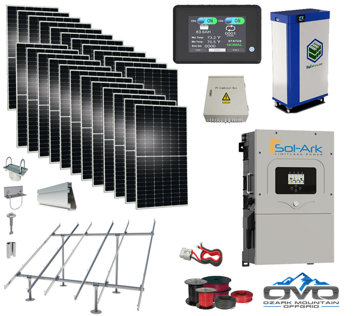 12KW Complete Offgrid Solar Kit - 15kWh Lithium Battery + 12K Sol-Ark Inverter +12.96KW Solar with Ground Mount Rails and Wiring