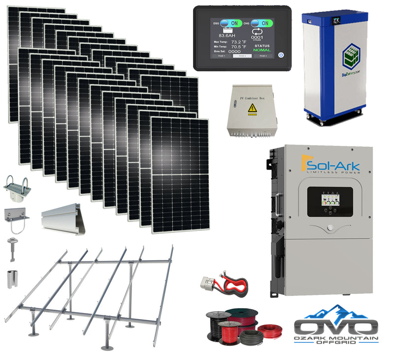 Load image into Gallery viewer, 12KW Complete Offgrid Solar Kit - 15kWh Lithium Battery + 12K Sol-Ark Inverter +12.96KW Solar with Ground Mount Rails and Wiring
