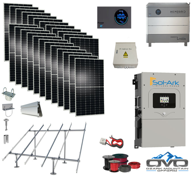 12KW Complete Offgrid Solar Kit - 9.6kWh HOMEGRID Lithium Battery + 15K Sol-Ark Inverter +12.96KW Solar with Ground Mount Rails and Wiring