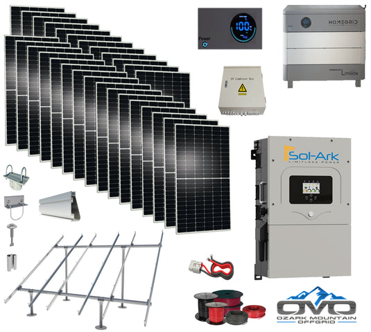 15KW Complete Offgrid Solar Kit - Homegrid 9.6kWh Lithium Battery + 15K Sol-Ark Inverter +15KW Solar with Ground Mount Rails and Wiring