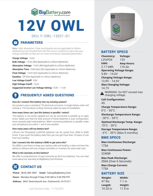 12V Big Battery Owl LifePO4 Lithium Battery Bank- 170Ah - 2.17kWh