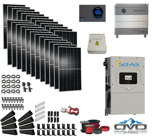 12KW Complete Offgrid Solar Kit - Homegrid 9.6kWh Lithium Battery + 15K Sol-Ark Inverter +12.96KW Solar with Mounting Rails and Wiring