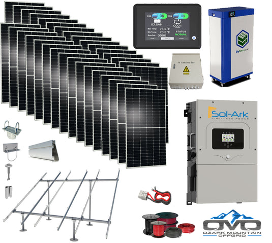 17KW Complete Offgrid Solar Kit - 15kWh Lithium Battery + 15K Sol-Ark Inverter +17KW Solar with Ground Mount and Wiring