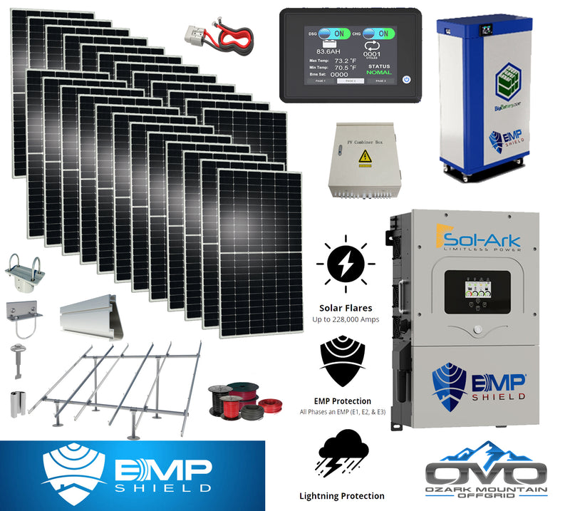 Load image into Gallery viewer, 12KW EMP Shield Complete Offgrid Solar Kit - 15kWh Lithium Battery + 12K Sol-Ark Inverter +12.96KW Solar with Ground Mount Rails and Wiring
