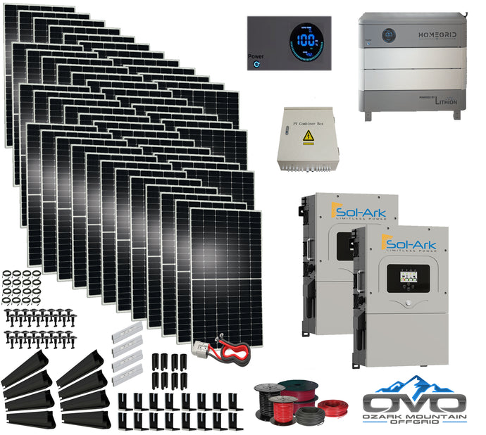 25KW Complete Offgrid Solar Kit - Homegrid 9.6kWh Lithium Battery + 2x12K Sol-Ark Inverter +25KW Solar with Mounting Rails and Wiring