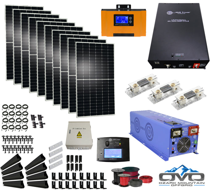 5KW Offgrid Solar Kit + 6KW AIMS 110/220V Inverter / 9.6kWh Lithium Battery / Roof Rails,5400Watts Solar, Complete Wiring Kit