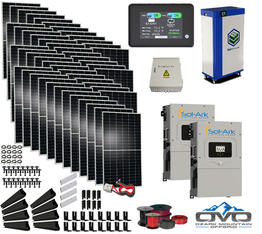 25KW Complete Offgrid Solar Kit - 15kWh Lithium Battery + 2x15K Sol-Ark Inverter +25KW Solar with Mounting Rails and Wiring